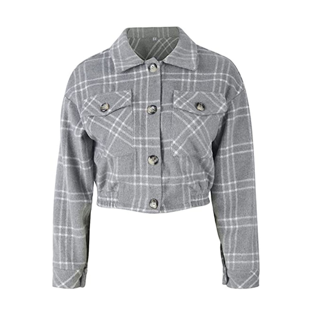 Gray And White Plaid Women's Cropped Jacket Size Small